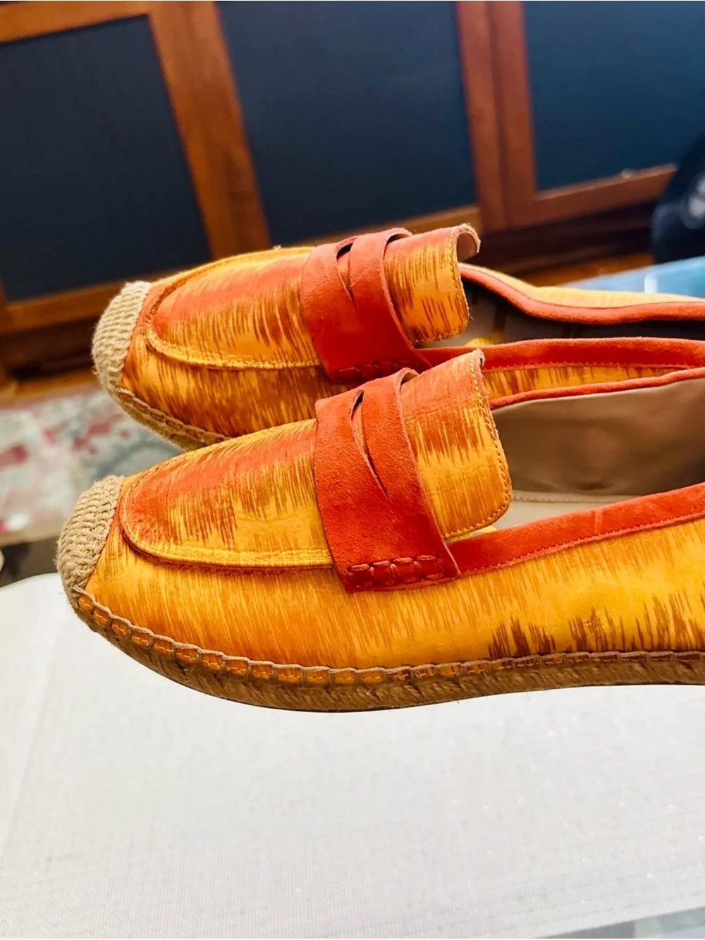 Sam Edelman Orange and Gold Espadrille Penny Loafers